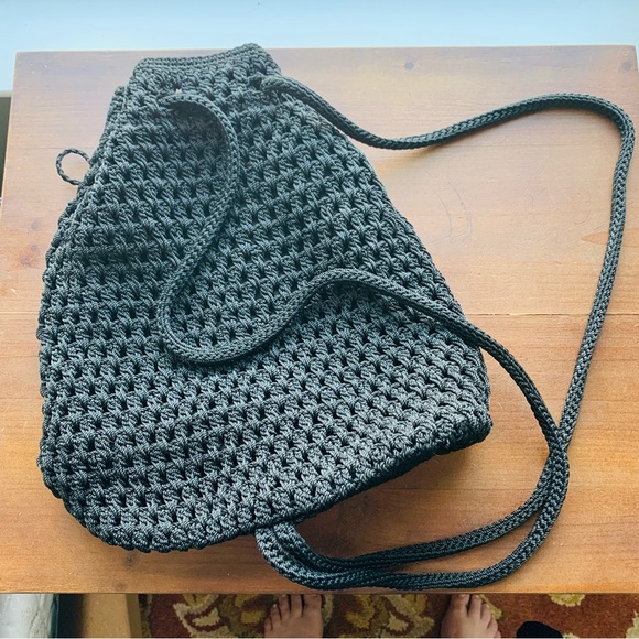 NWOT The Sak Bag Backpack Black Crochet Macrame Classic Versatile Drawstring - Picture 2 of 9